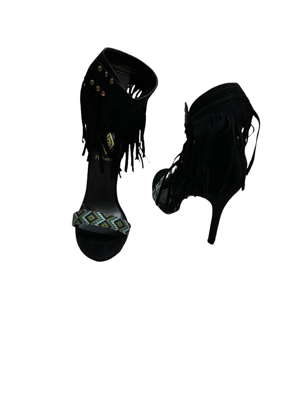 athena women black fringe ankle straps stiletto heels sandals sz 7